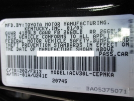 2003 TOYOTA CAMRY LE BLACK 2.4L AT Z16261